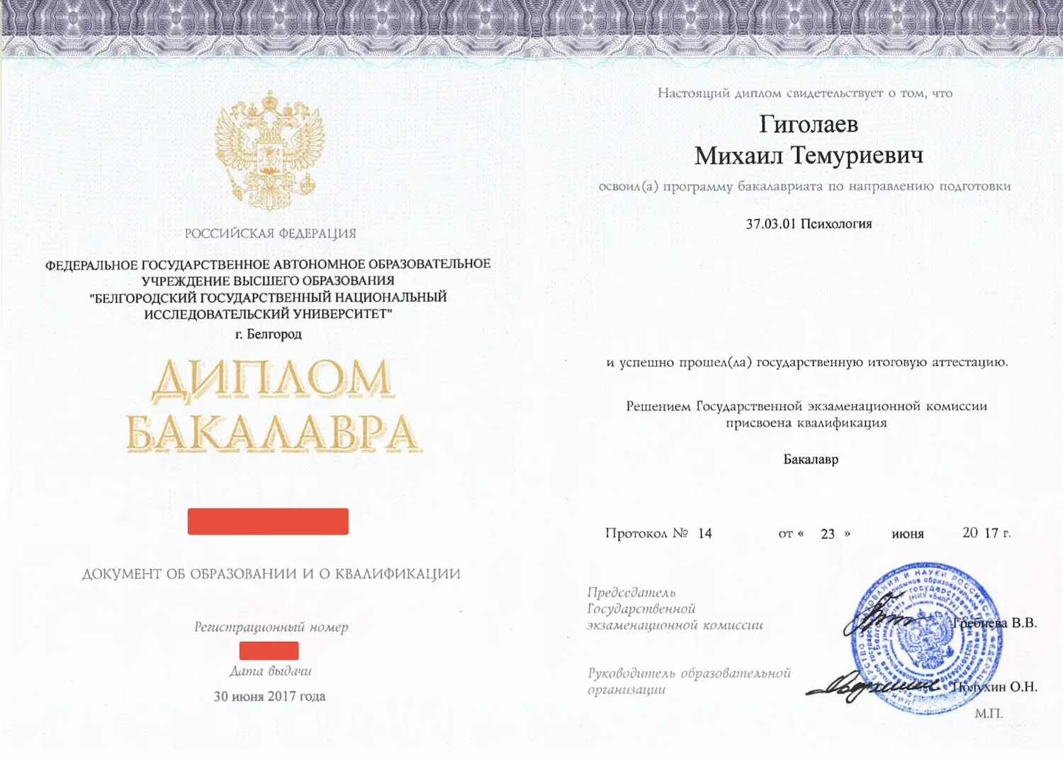 Диплом — Психология, бакалавриат · 2013–2017