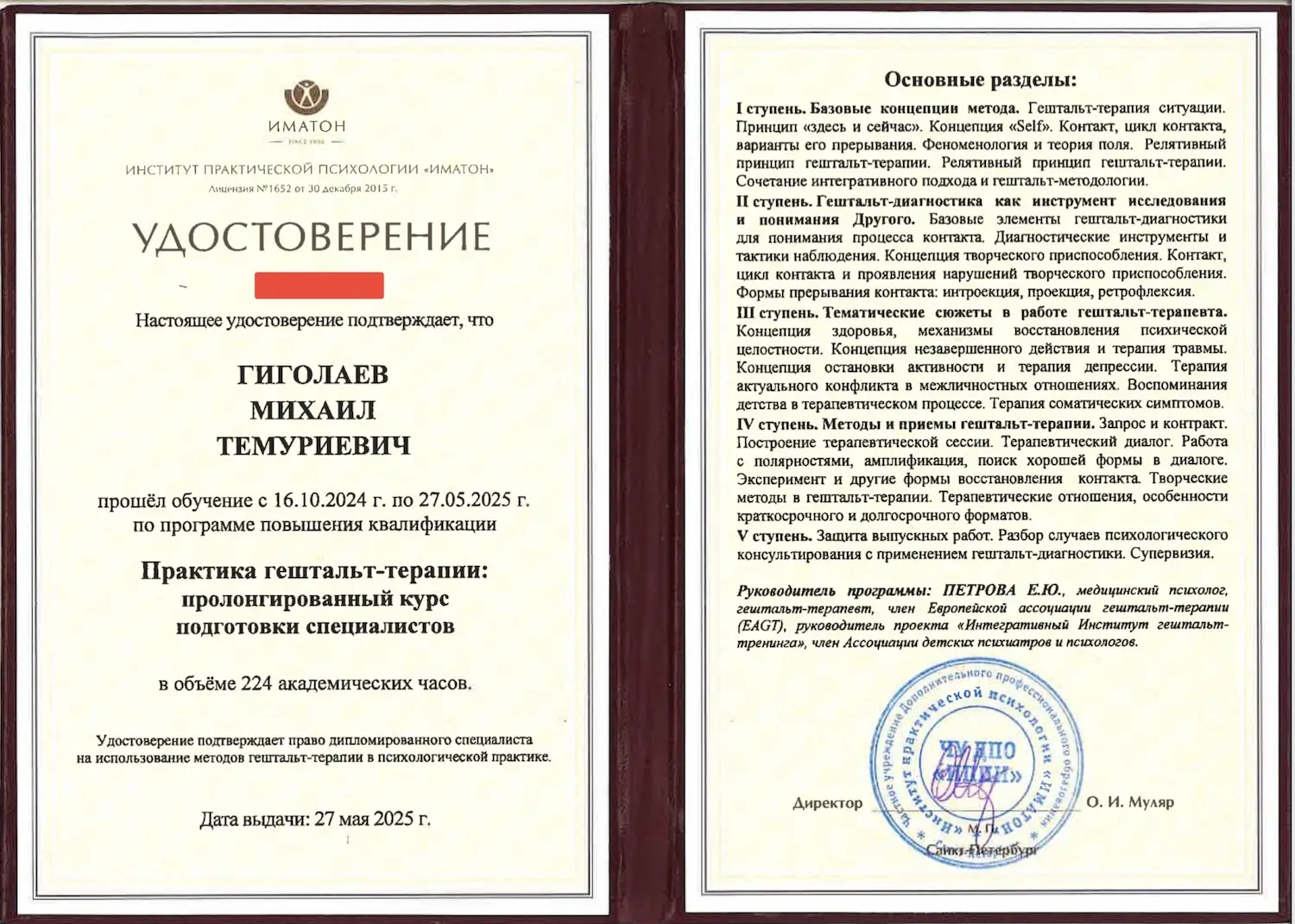 Удостоверение — Гештальт-терапия, «Иматон» · 2024–2025